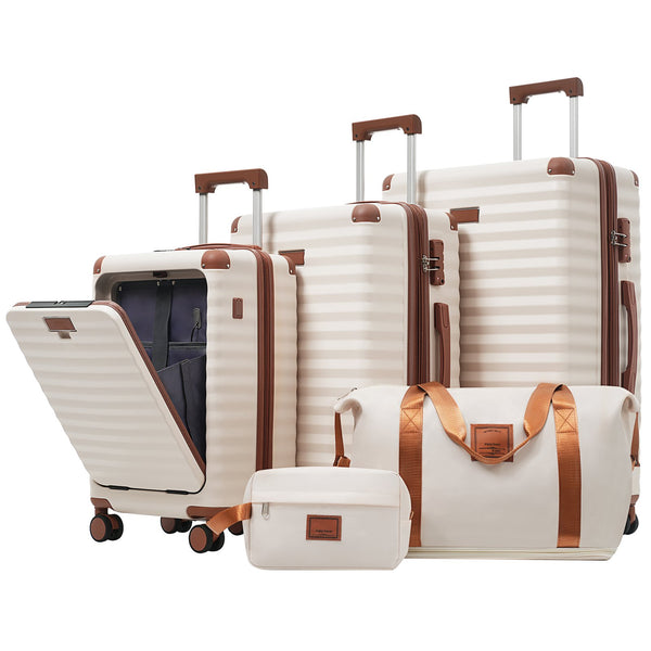 English Elm Luggage 5 Piece Abs Hardshell Travel Set with Usb Port Spinner Wheels and Tsa Lock Brown+White N732P265290K