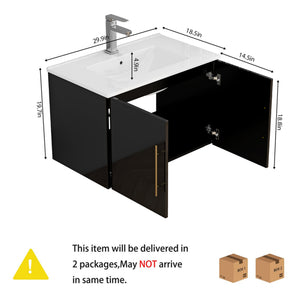English Elm 30-Inch Black Gloss Wall-Mounted Bathroom Vanity With Soft-Close Doors & Gold Handle For Modern Style W3151S00051