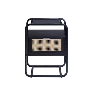 English Elm Metal Frame Accent Table with Tempered Glass Top, Black Finish, Sturdy Metal Nightstand w/ Drawer and Open Shelf for Storage — Modern Glossy Design B016P257184