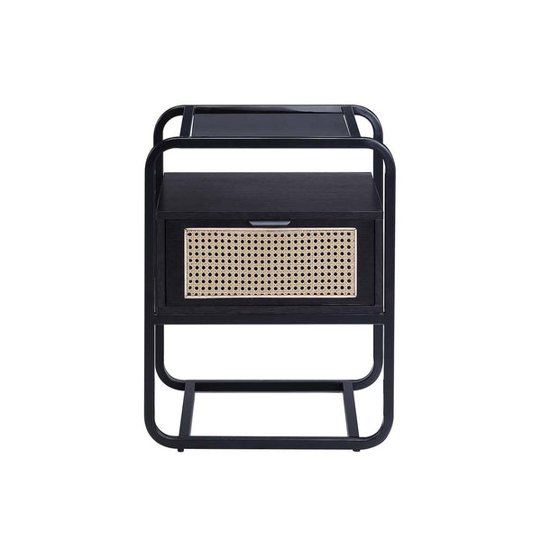 English Elm Metal Frame Accent Table with Tempered Glass Top, Black Finish, Sturdy Metal Nightstand w/ Drawer and Open Shelf for Storage — Modern Glossy Design B016P257184