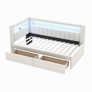 English Elm Upholstered Twin Platform Bed with USB Ports, LED Light Belt, Linen Backrest & 2 Storage Drawers White DL001926AAK