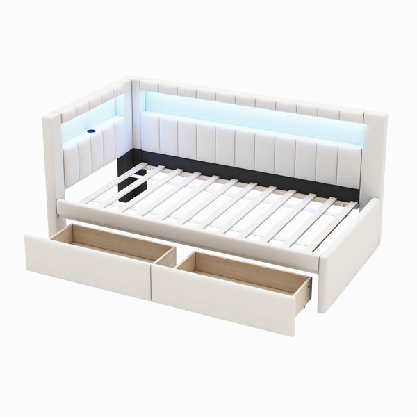English Elm Upholstered Twin Platform Bed with USB Ports, LED Light Belt, Linen Backrest & 2 Storage Drawers White DL001926AAK