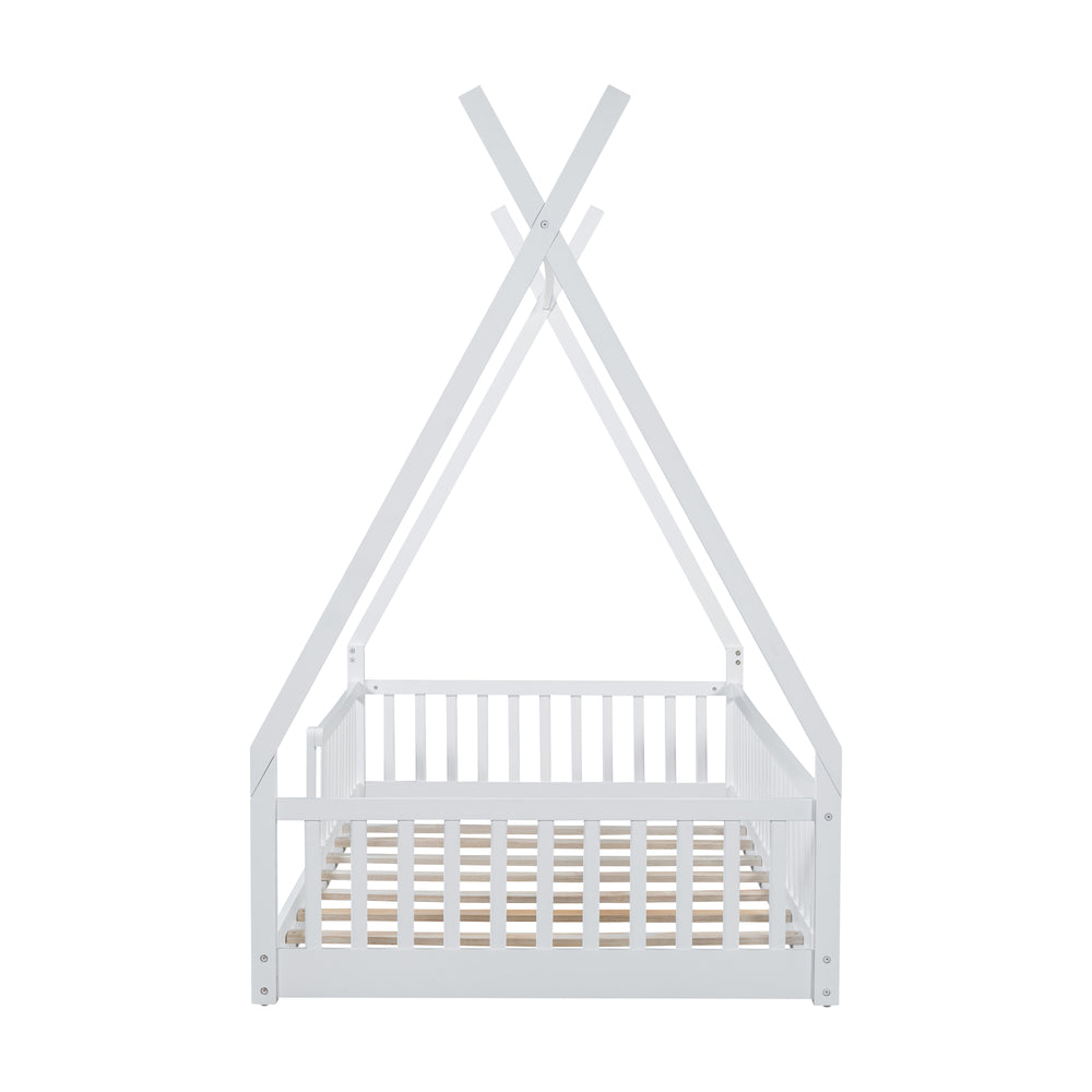 English Elm Twin House Bed with Roof and Fence for Kids – Sturdy Pine Frame, Vintage Wash Design, Safe Sleep Space White N709P183348K