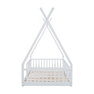 English Elm Twin House Bed with Roof and Fence for Kids – Sturdy Pine Frame, Vintage Wash Design, Safe Sleep Space White N709P183348K