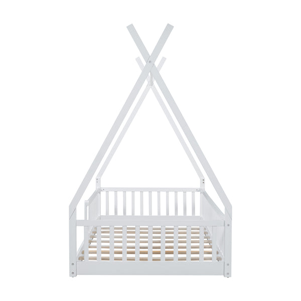 English Elm Twin House Bed with Roof and Fence for Kids – Sturdy Pine Frame, Vintage Wash Design, Safe Sleep Space White N709P183348K