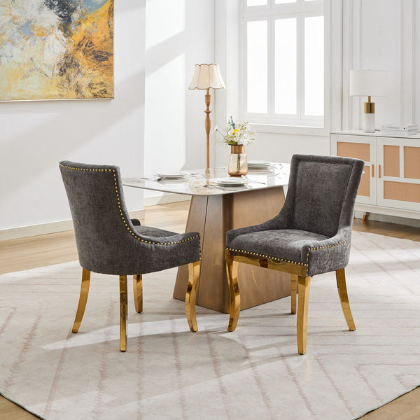 English Elm Chenille Plush Dining Chair with Curved Gold-Plated Legs, Rivet Trim, Textured Upholstery Comfort Gray W1143P332686