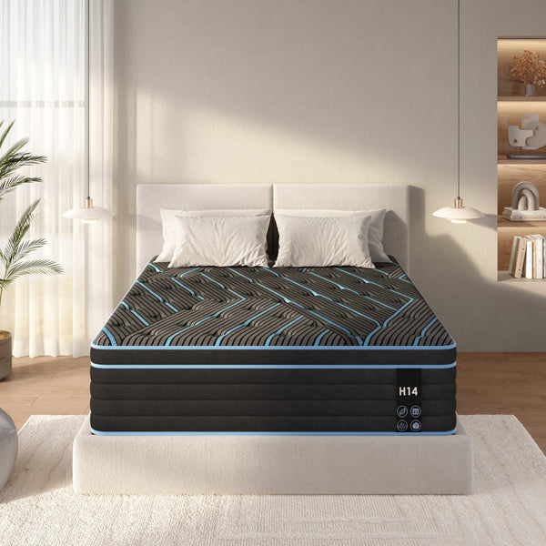 English Elm King Hybrid Mattress 12 Inch Pocketed Coil Memory Foam Medium Firm Sleep Support Black+Blue W2889P423129