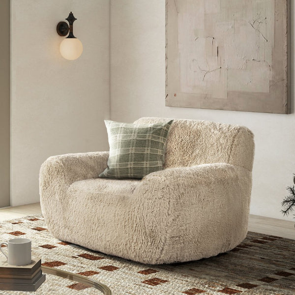 English Elm Jennifer Taylor Home - Summit Overstuffed 49" Faux Mongolian Sheepskin Arm Chair in Cream Beige — Plush Luxury, Cozy Comfort B2719P238348