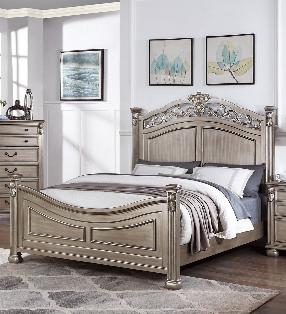 English Elm Formal Traditional Antique Silver California King Bedframe With Elegant Headboard & Footboard Design B011S00954