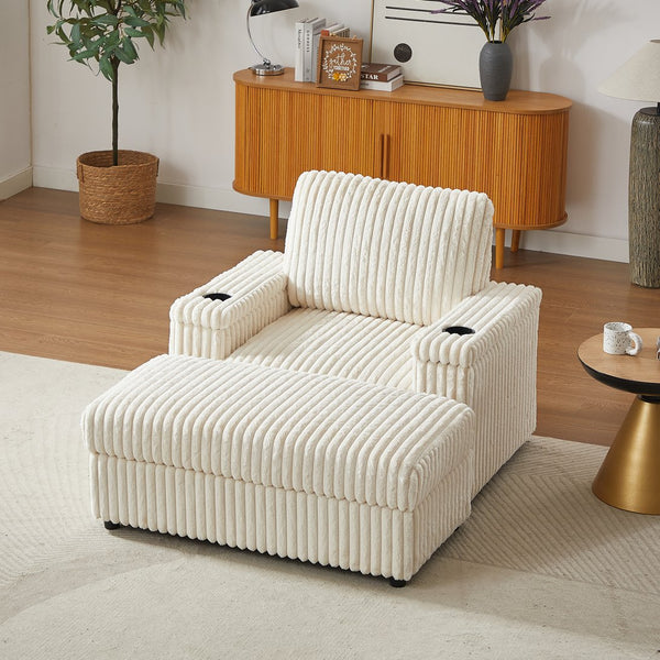 English Elm 42.5-inch corduroy single recliner with cup holder, storage ottoman, plush back pillow for lounging Beige W834P375116