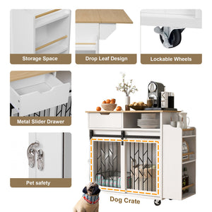 English Elm 2 IN 1 Modern Dog Crate Kitchen Island with Storage, Rolling Lockable Casters, Sliding Doors & Drawer N843P256452R