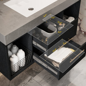 English Elm 39.4 Inch Floating Bathroom Vanity Sintered Stone Top Solid Wood 2 Soft Close Drawers W3136S00037