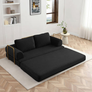English Elm Convertible Floor Sofa Futon with Corduroy Upholstery for Living Room Lounging and Sleeping Black W1117P434730