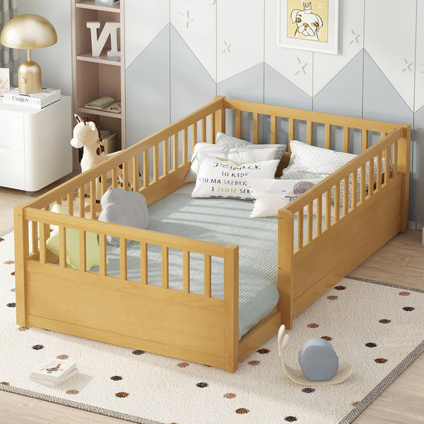 English Elm Twin Montessori Floor Bed Frame for Kids – Pine Playroom Bed with Fence for Reading & Imaginative Play Natural W1580P307880
