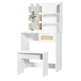 English Elm Vanity Desk Set Stool & Dressing Table With Led Lighting Mirror Drawer and Compartments Modern Wood Cosmetic Table Chest Of Drawers White Color