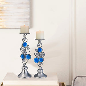English Elm 14" Polyresin Bejeweled Candleholder Set Turquoise Gem Accents Glam Silver Decor B072116544