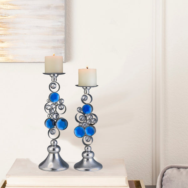 English Elm 14" Polyresin Bejeweled Candleholder Set Turquoise Gem Accents Glam Silver Decor B072116544