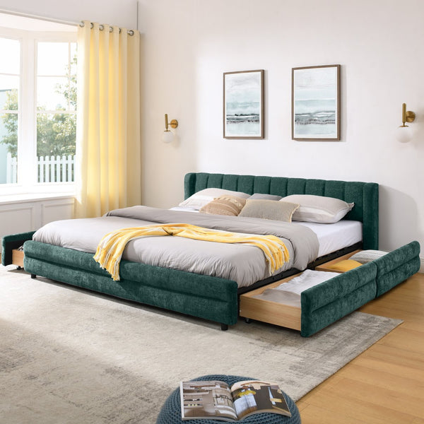 English Elm King Chenille Upholstered Platform Bed with Storage Drawers and Structured Headboard Blue+Green W487S00416