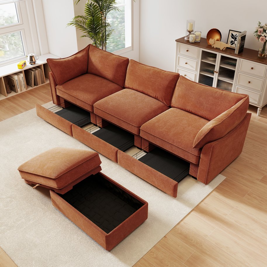 English Elm L-Shaped 3-Seater Sectional Sofa With Movable Ottoman, Chenille Orange, Smart Storage & Comfort W3041S00206