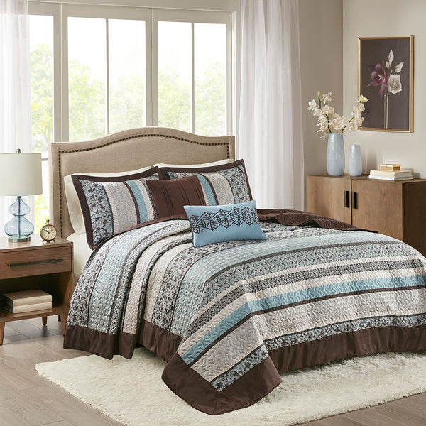 JLA Home Madison Park - 5 Piece Reversible Jacquard Bedspread Set — Damask & Geometric Texture in Grey Ivory Blue, Machine Washable 118 L x 120 W x 0.25H MP13-7967