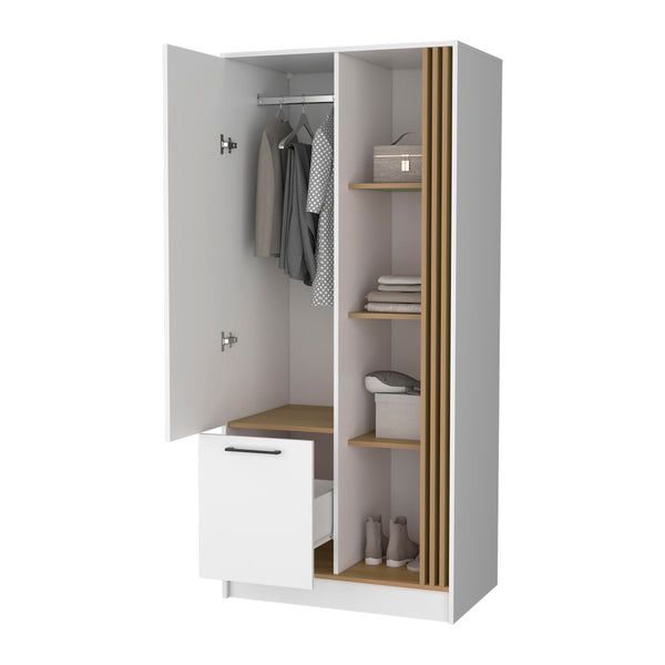 English Elm Pekin Modern Wardrobe Organizer with Double Doors, Shelves, Hanging Rod and Closed Storage Oak B128S00177