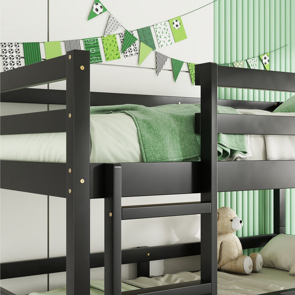 English Elm Triple Rubber Wood Bunk Bed with Built-In Ladders and Guardrails Maximizes Space for Families, Durable Design Black W504S00177