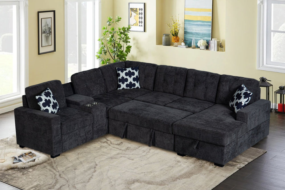 English Elm Multifunctional Modular Sectional Sofa with Hidden Storage Cup Holders and Flexible Seating Dark Grey B2730S00076