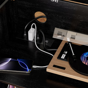 English Elm Record Player Stand with Flip-Down Lid, Built-In Power & USB, Dust-Protecting Turntable Console for 300+ Vinyls Black W2735P332345