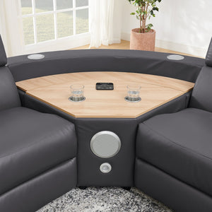 English Elm 5-seater Air Leather Power Reclining Sectional with Led Bluetooth Subwoofer and Lift Cabinet Dark Grey W1191S00125