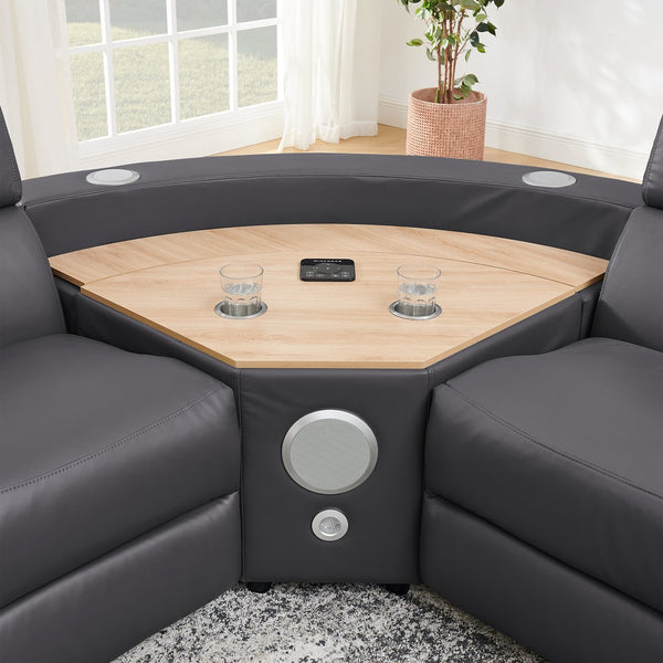 English Elm 5-seater Air Leather Power Reclining Sectional with Led Bluetooth Subwoofer and Lift Cabinet Dark Grey W1191S00125