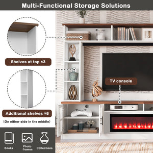 English Elm U-can Modern Farmhouse Wall Unit with Electric Fireplace Bookshelves and Glass Cabinet Doors White+Walnut SJ000153AAK