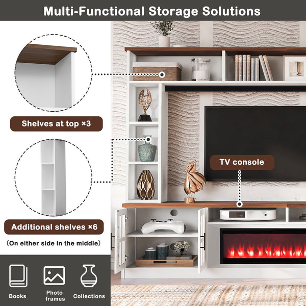 English Elm U-can Modern Farmhouse Wall Unit with Electric Fireplace Bookshelves and Glass Cabinet Doors White+Walnut SJ000153AAK
