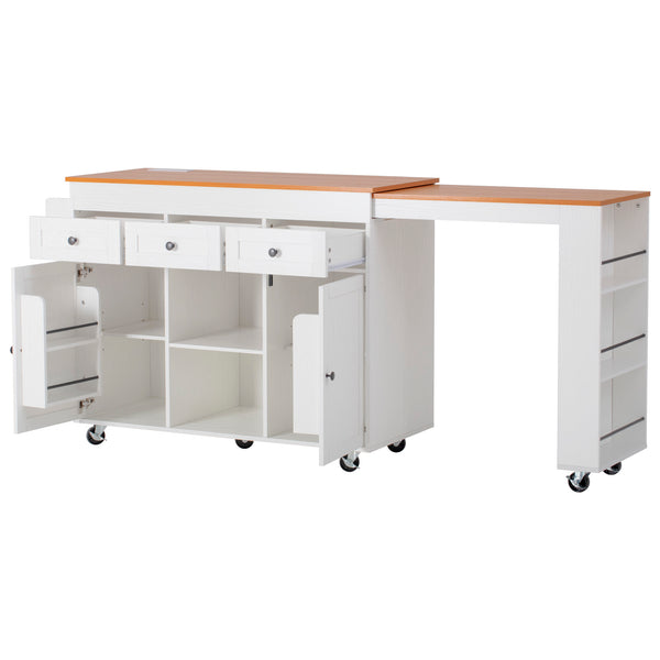English Elm K&k Rolling Kitchen Island with Extendable Table Open Shelving and Built-in Power Outlet White N707P360278W