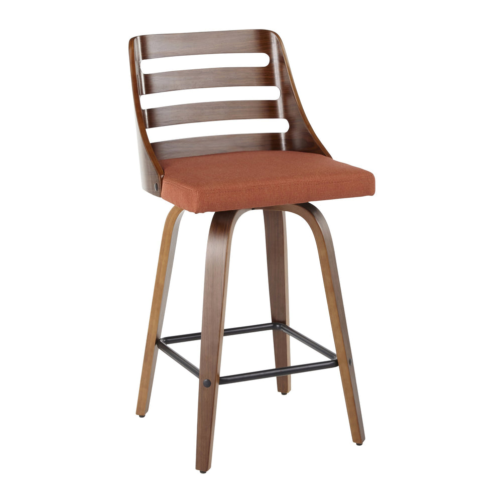 English Elm Mid-century Modern Bentwood Counter Stools with Walnut Finish and Bold Upholstered Seat B202S00380