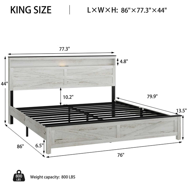 English Elm King Platform Storage Bed Farmhouse Shelf Headboard with Usb Charging Ports W636P317332