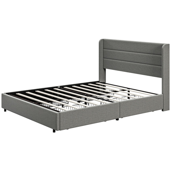 English Elm HOMCOM LED Platform Queen Bed Frame with USB-C Charging Station, 3-Tier Shelf, Noise-Free Support Light Gray W2225P249914