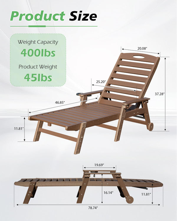 English Elm Patio Hdpe Chaise Lounge Outdoor Reclining Poolside Chair with Built-in Cup Holder Brown W1859P478442