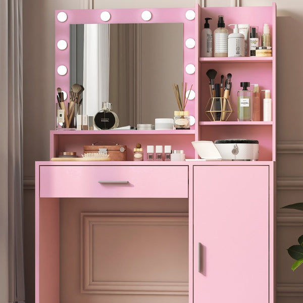 English Elm Vanity Desk With Adjustable Led Mirror, Large Storage, Elegant Pink Dressing Table For Glamourous Makeovers W2386P233036-GIGA