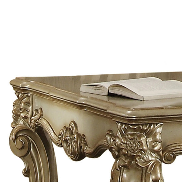 English Elm Gold Patina and Bone Scrolled Leg End Table — Square Accent Table with Ornate Trim, Elegant Contrast, Sturdy Support B062P209409