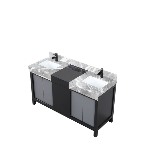 English Elm Black Double Bath Vanity 60" W With Castle Grey Marble Top, Matte Black Faucet Set & Ample Storage B2731P261107