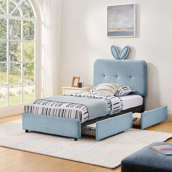 English Elm Twin Kids Boucle Upholstered Bed Rabbit Ear Headboard Led Lighting Four Storage Drawers Navy W1413P384922