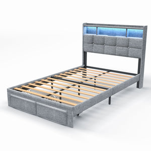 English Elm Full LED Linen Bed Frame with Headboard Storage, 2 Drawers, Fast Charging Ports & Nightlight Ambiance W1550P190364