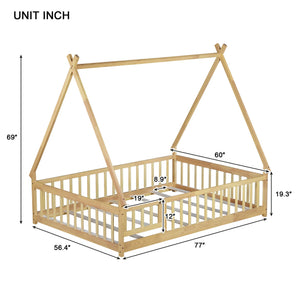 English Elm Full Size Rubber Wood Tent-Shaped Floor Bed With Guardrails & Door - Cozy, Modern Retreat For Kids W504P345788