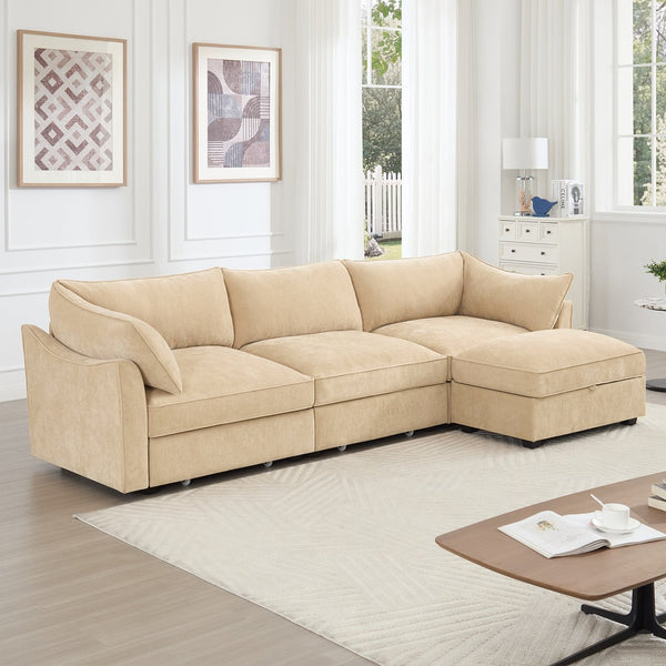 English Elm L-Shaped Modular Sofa With Movable Footstool, Cozy Crescent Armrests, Wheat Chenille Elegance W3041S00176