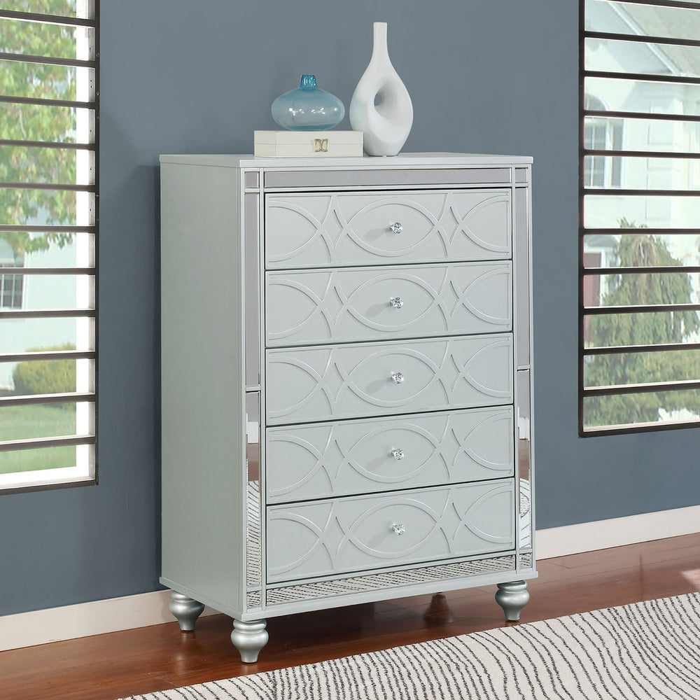 English Elm Arabesque Five Drawer Chest Silver Mirrored Glam Fretwork Crystal Knobs Bedroom B062P441420