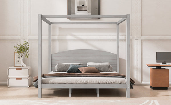 English Elm King Canopy Platform Bed with Headboard and Support Legs — Modern Pine Wood Frame, Sturdy 650lb Capacity Grey WF309291AAE