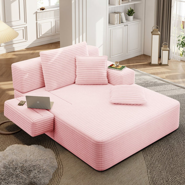 English Elm Luxurious Corduroy Frameless Chaise with Sleeper Conversion Foam Cushioning and Storage Pocket Baby Pink W3219P459763
