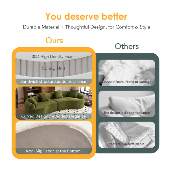 English Elm Curved Boneless Sofa modular 110" sectional with high-density foam & spring core, kid‑friendly curves, no assembly required for easy moving and cozy lounging Green W2231S00006