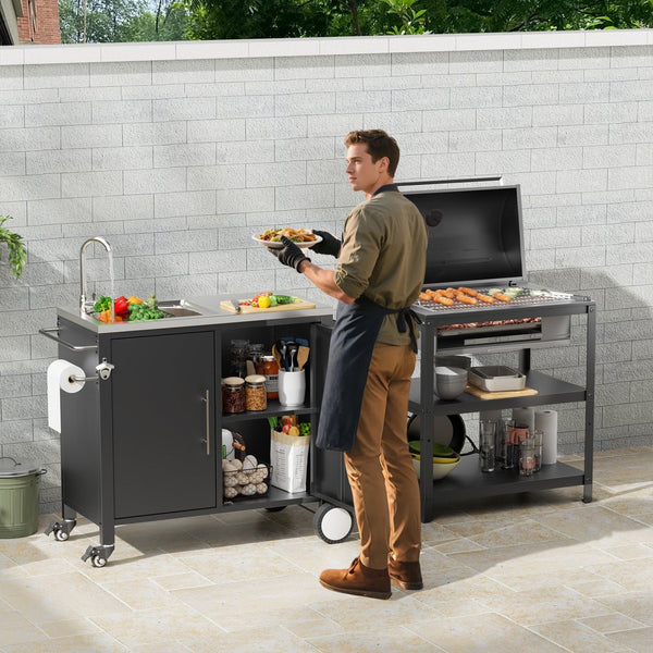 English Elm Outdoor Stainless Steel Grill Cart with Sink Cabinet Storage and Locking Wheels W3190P293812