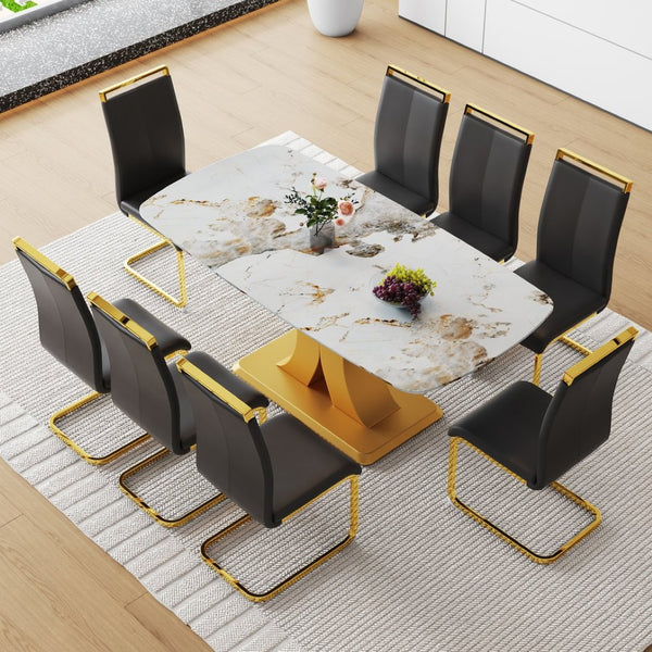 English Elm Table Set - Luxurious Pandora Patterned Dining Table With 8 Black Pu Chairs & Golden C-Shaped Legs W1151S03234-GIGA